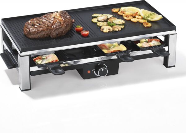MAXXMEE Raclette grill voor 8 personen - Gegoten aluminium grillplaat met 2 zones - 2000W - Zwart (4052926085506)
