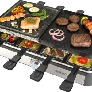 Bourgini Gourmet Raclette Stone Grill Plus - 8 personen - Regelbare thermostaat - Afneembare en omkeerbare grillplaten - Inclusief 8 pannetjes en houten spatels (8719979271084)