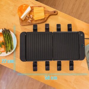 Raclette Grill 16000 Inox Zwart Voor 8 Personen 1400W 40 x 22 cm Instelbare Thermostaat Anti aanbakplaat Inclusief 8 Pannen en 8 Spatels (8721277083276)
