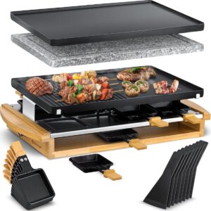 KESSER® Gourmetstel 1200W met natuurlijke Grillplaat - Gourmetset Raclette Set voor 8 personen, Tafelgrill elektrische Grill met 8 pannetjes en houten spatel, antiaanbaklaag Bakplaat - 8 personen (4260692715316)