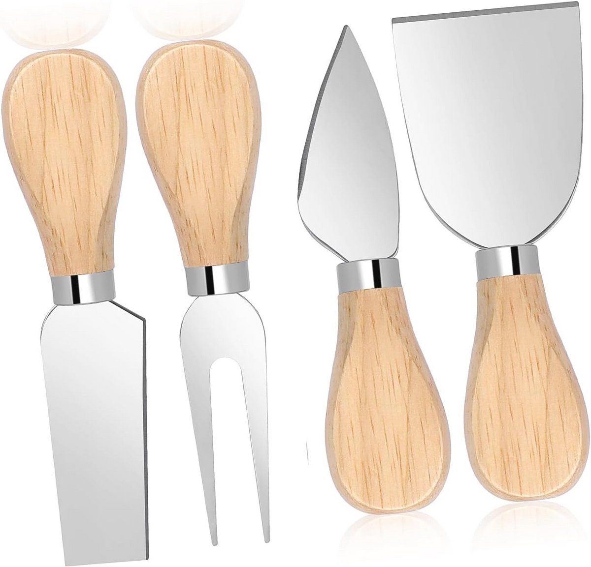 Kaasmessenset van 4 Stuks - Roestvrij Staal en Houten Handvat - Perfect voor Kaas en Desserts (9101014194110)