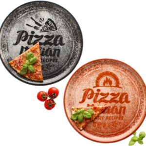 Set van 2 XL pizzaborden voor 2 personen - Rood en Zwart, Ø 31 cm - Porselein met decoratieve letters (9101042970687)