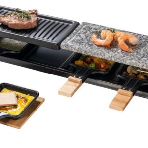 Bestron elektrische Gourmetstel, Raclette voor maximaal 4 personen, krasbestendige natuurlijke grillsteen & bakplaat met antiaanbakplaag, inclusief 4 pannen, 4 spatels & 4 Onderzetter, 650 Watt, kleur: zwart/hout. (8712184057863)