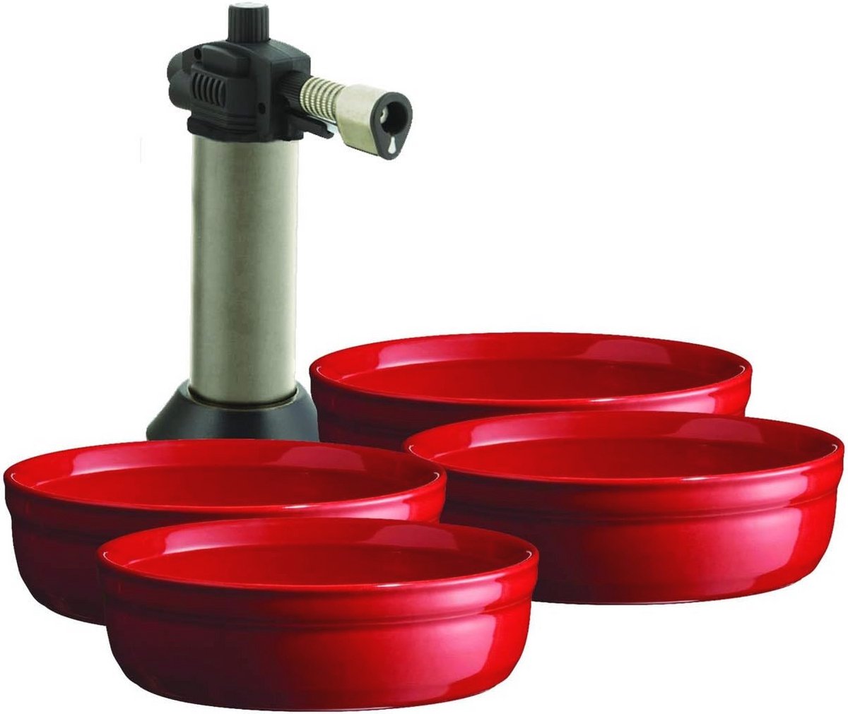 Crème Brûlée Set - Ceramische Schalen met Keukenbrander - 4 Stuks - Rood (9101015239988)