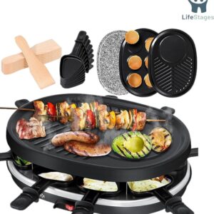 LifeStages - Gourmetstel 8 Personen - 3-in-1 Raclette-grill met Natuurgrillsteen - Grillplaat en Pannenkoeken - Tafelgrill voor 8 personen - Elektrische Grill met Antiaanbaklaag - 8 Pannen en Houten Spatels (8721197522275)