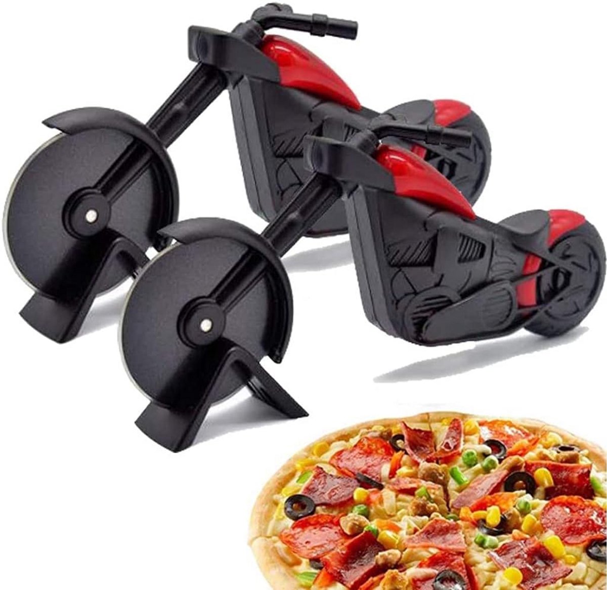 2x Pizza Snijder Motorfiets Vorm - RVS Pizzawiel met Standaard - Scherpe Roller voor Keuken & Cadeau (9101061799160)