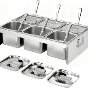 6x2L RVS ingredientencontainers met deksels en lepels, 6-compartimenten pizza topping station voor ingrediënten en toppings, ideaal voor keuken en catering (3083798714332)