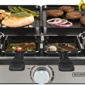 Bourgini Gourmet Raclette Grill Plus - 8 personen - Afneembare en omkeerbare grillplaten - Regelbare thermostaat - Inclusief 8 pannetjes en houten spatels (8719979271060)