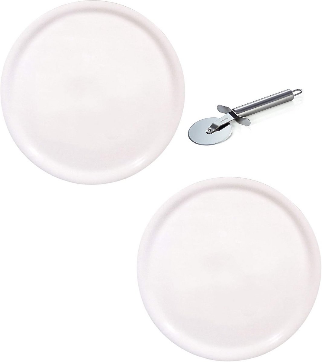 Pizzaborden Set van 2 Ø33cm met Pizzasnijder - Tijdloos Wit Porselein (9101141524521)